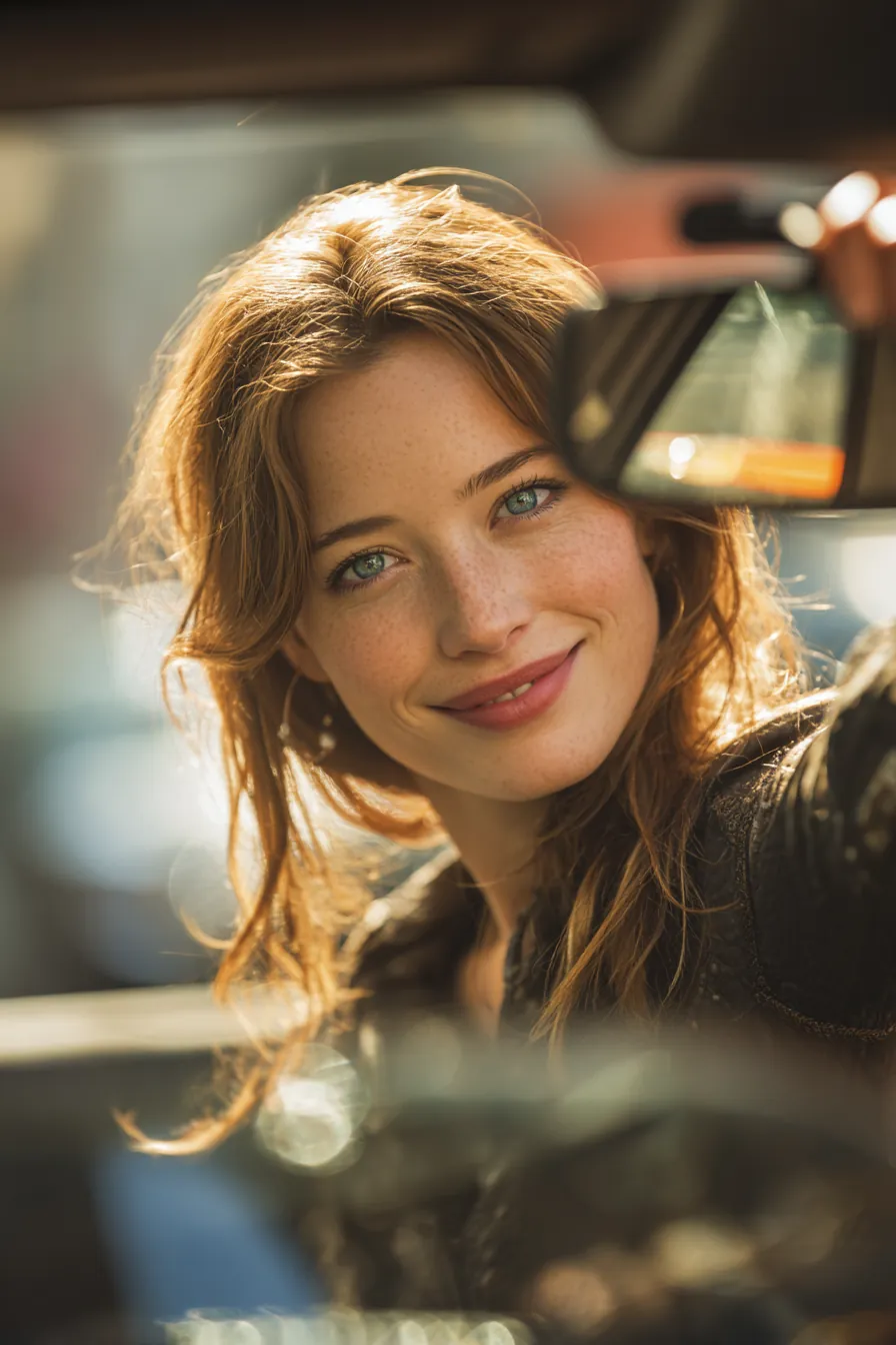 Young woman adjusting the rearview mirror of her repaired compact car before driving away