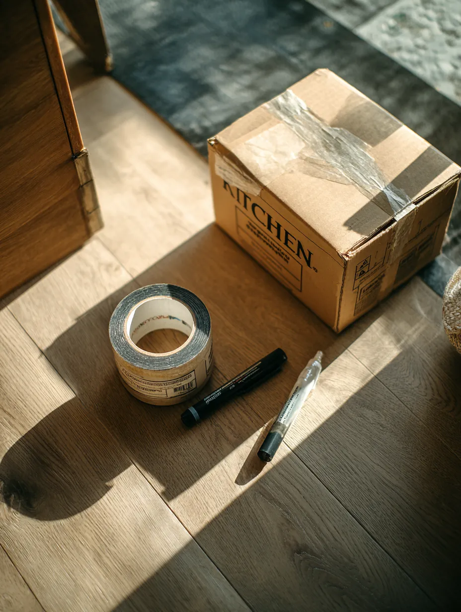 Flat lay of packing tape, a black marker and a cardboard box flap labeled KITCHEN