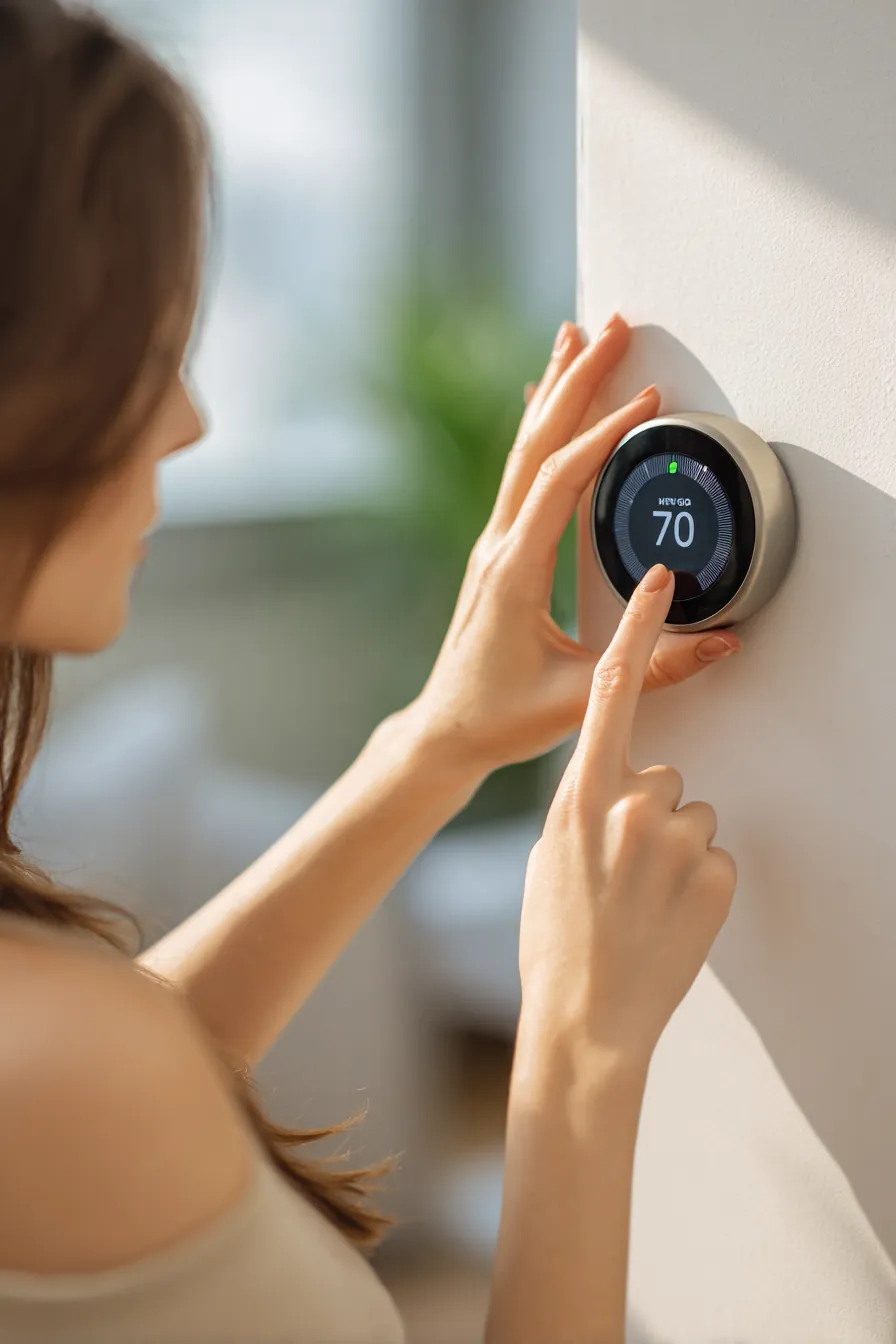 Hand adjusting a smart thermostat mounted on a white wall