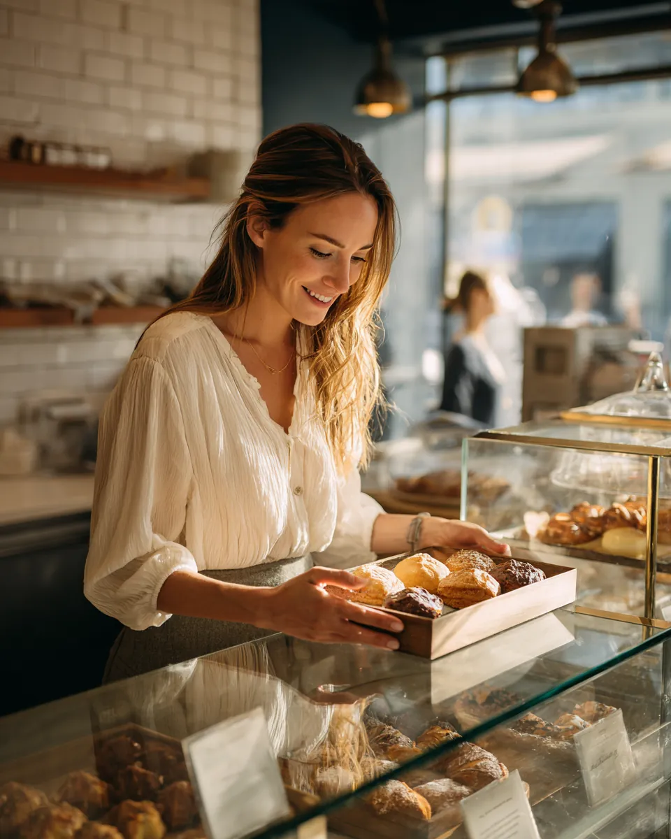 Bakery owner sliding a tray of pastries into a display case, inventory a $5,000 loan can help fund
