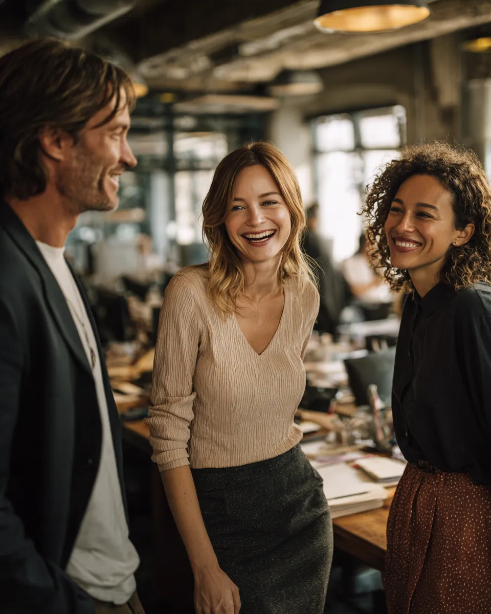 A diverse team laughing together in a bright modern office