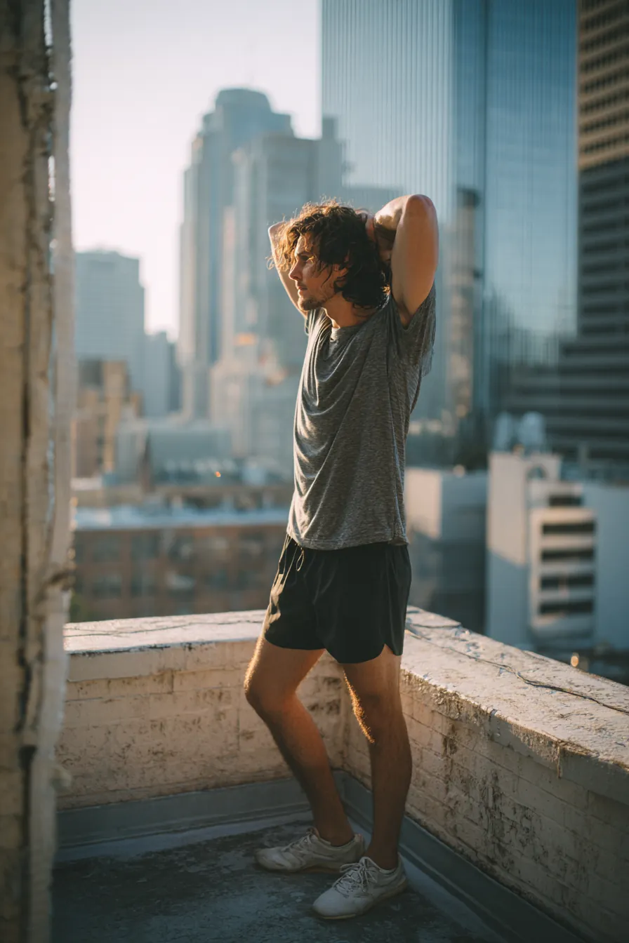 Man in his 30s stretching on a rooftop terrace in the morning with a city skyline behind him