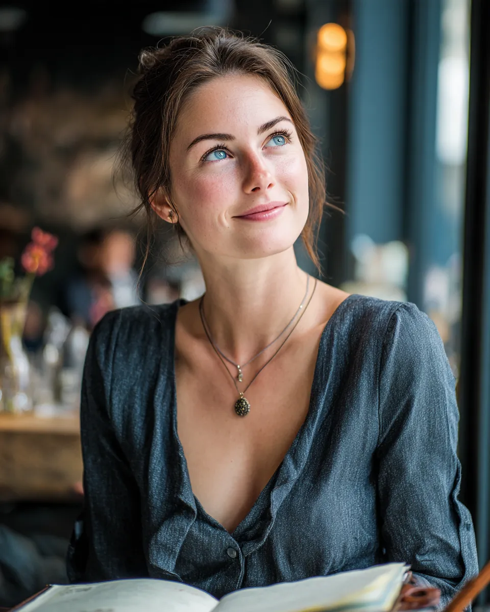 Woman in her 30s smiling confidently as she looks up from her notebook at a cafe window after comparing stax payments lender options