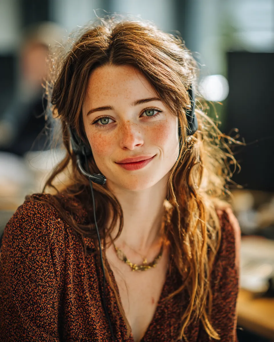 A customer support agent in her 30s wearing a headset