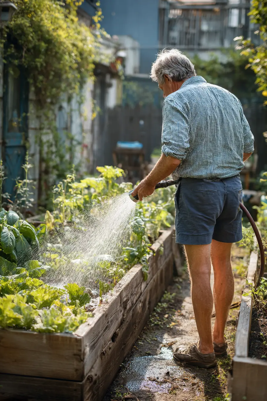 Man in his 50s watering his vegetable garden with a hose on a sunny afternoon
