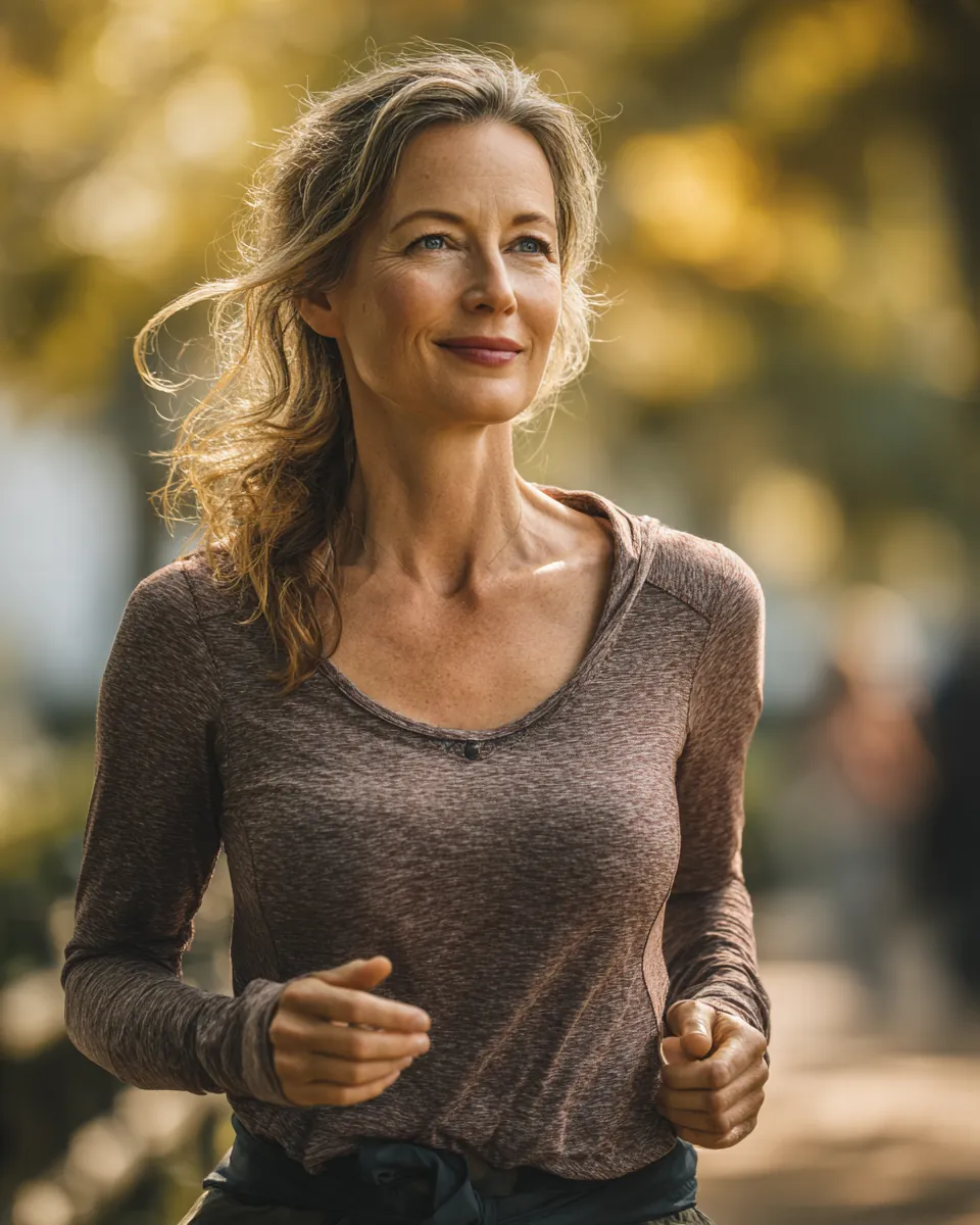 Woman in her fifties jogging a tree-lined park loop on a crisp morning, relaxed after organizing stax payments debt consolidation options