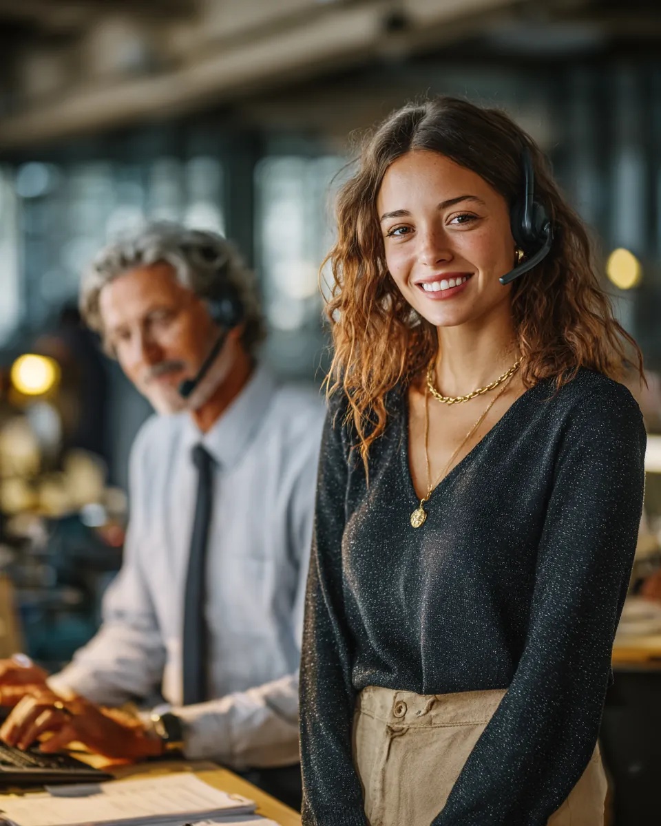 Customer support specialist in her thirties wearing a headset answering stax payments questions beside a colleague in a bright office