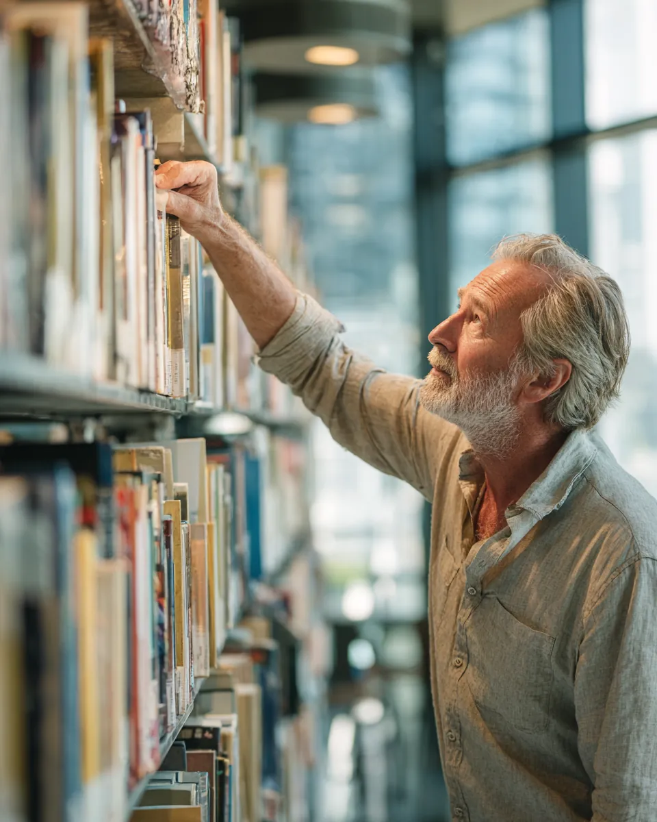 Man in his sixties reaching for a book on tall white library shelves while looking up stax payments loan terms