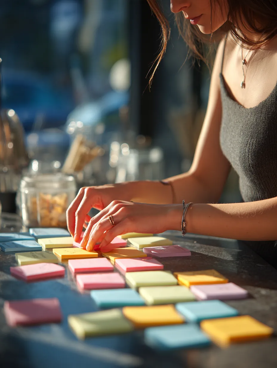 Hands sorting colorful sticky notes into neat rows on a wooden cafe table