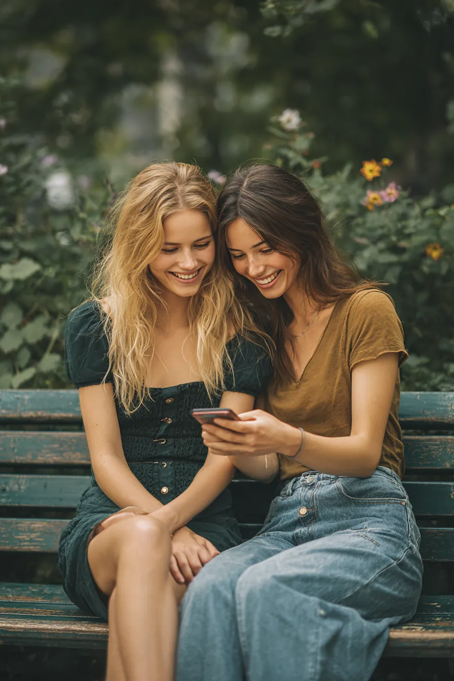 Two friends in their 20s sitting on a park bench looking at a smartphone together