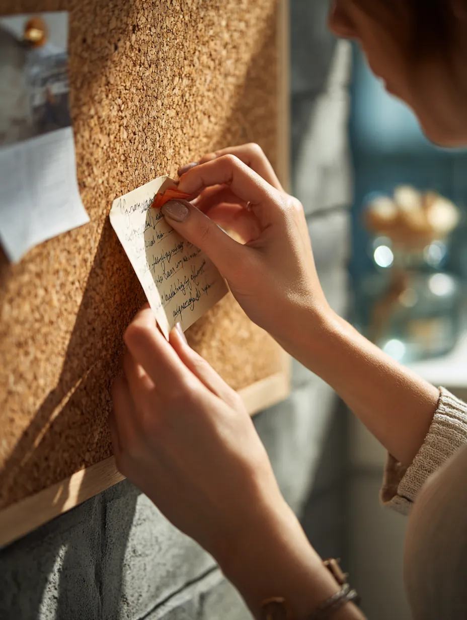 Hands pinning a handwritten goal note onto a cork board