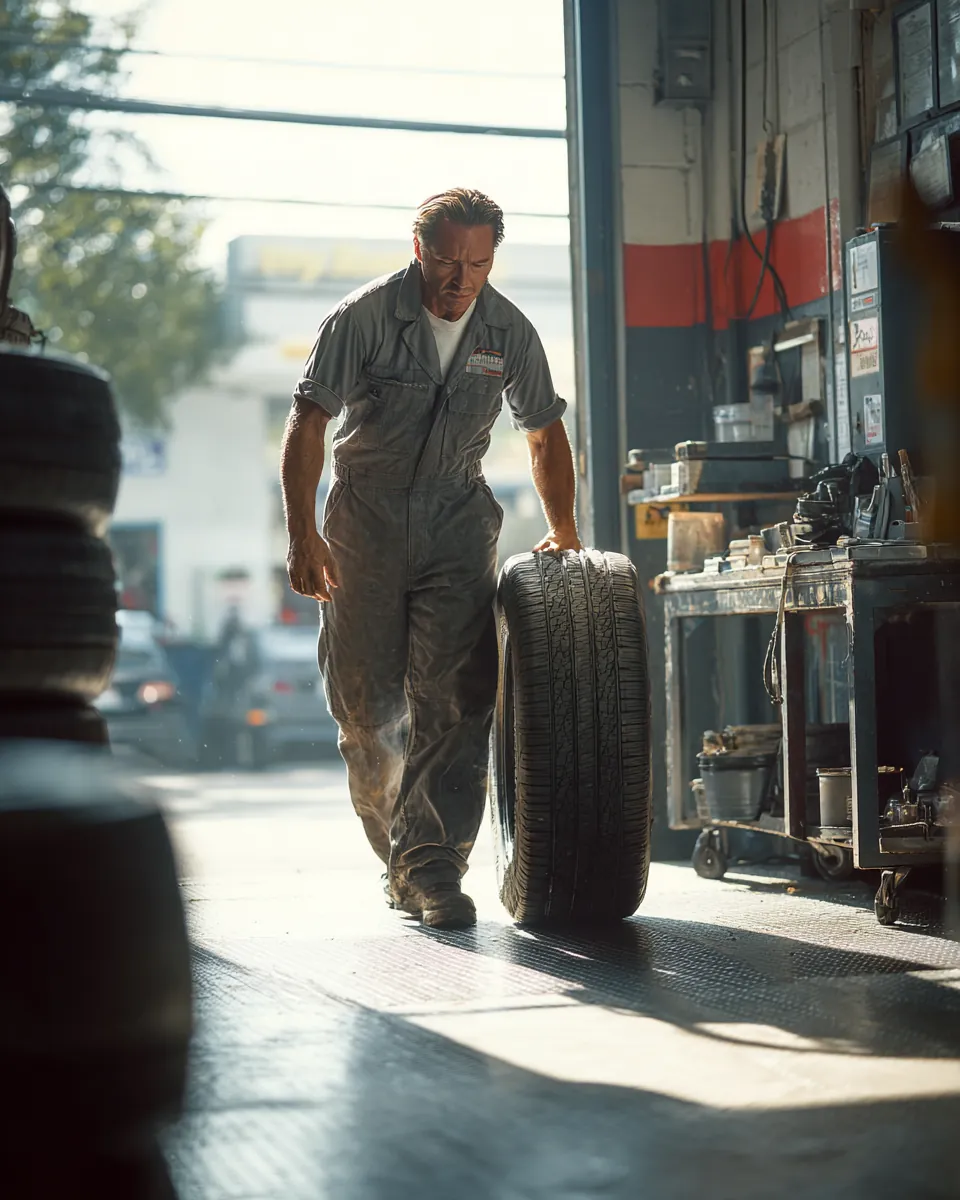 Tire technician rolling a new tire across a clean tire shop, a repair often paid with stax payments installment credit