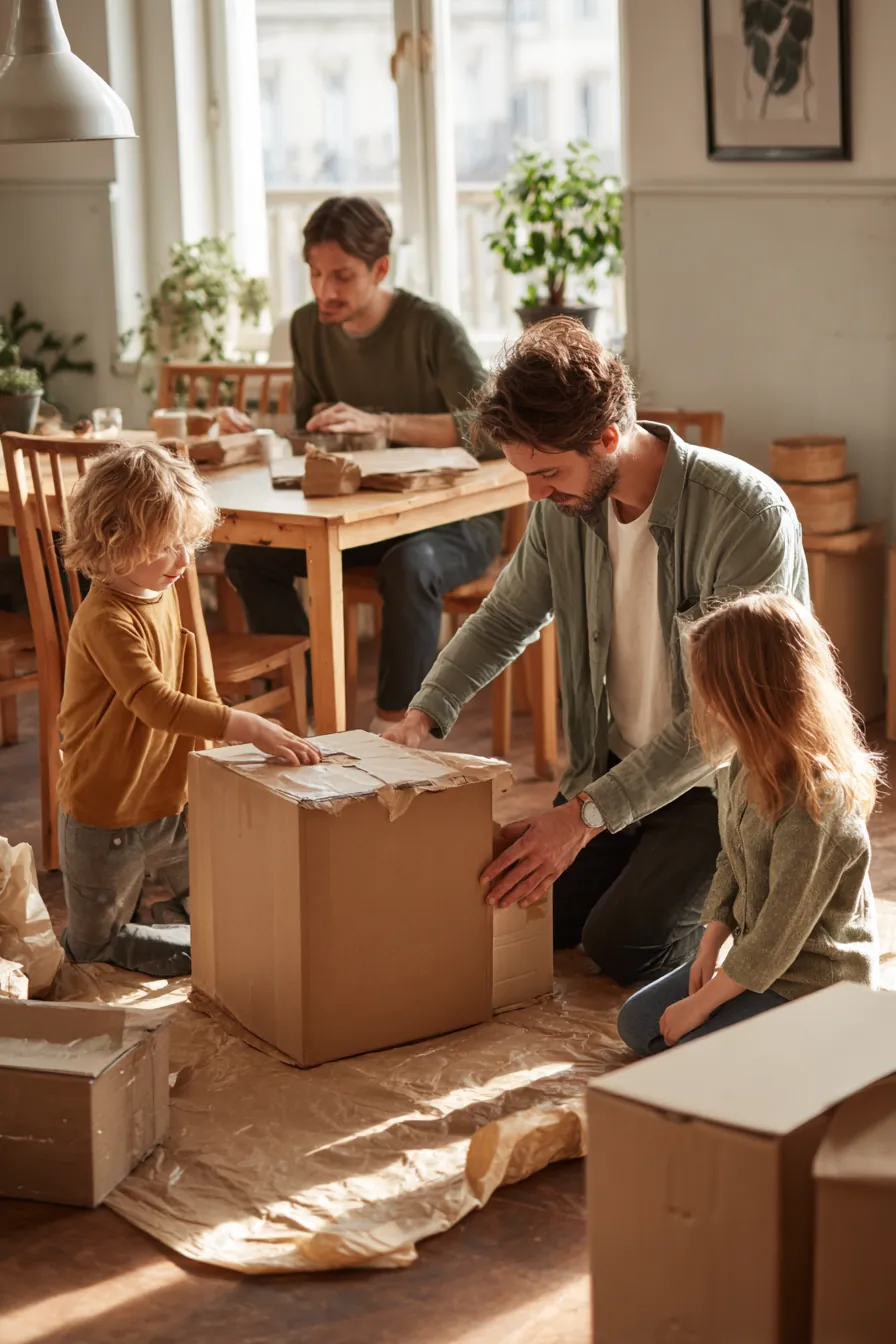 Family unpacking a new wooden dining set in their sunny apartment