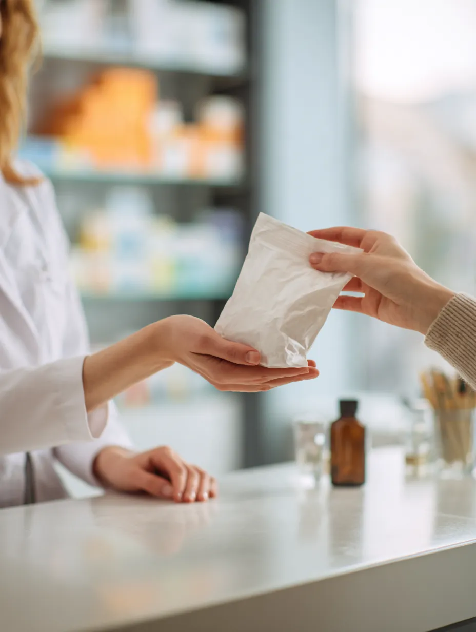 Patient's hands receiving a white pharmacy bag across a clinic counter