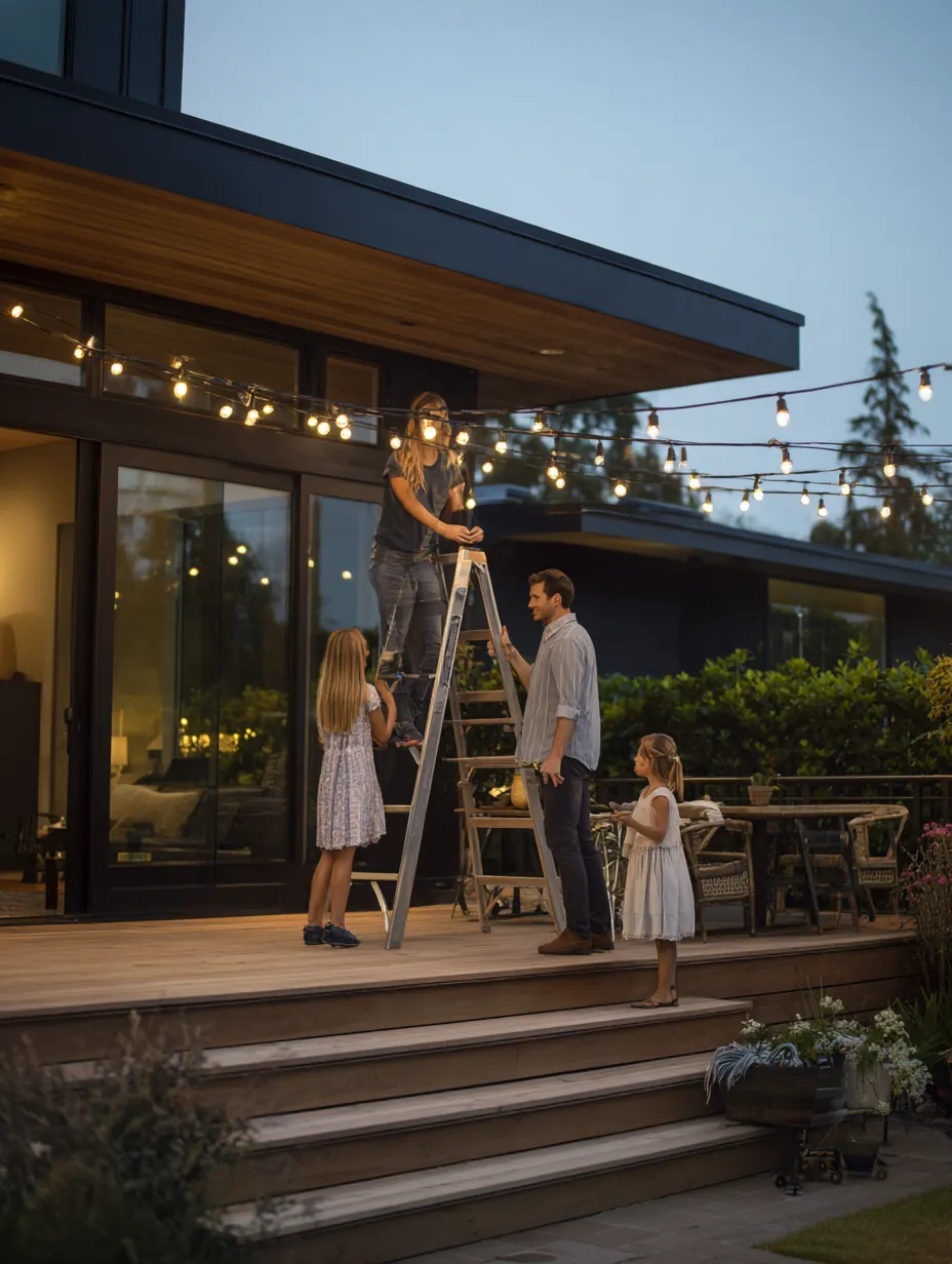 Family stringing patio lights over a newly built backyard deck on a summer evening