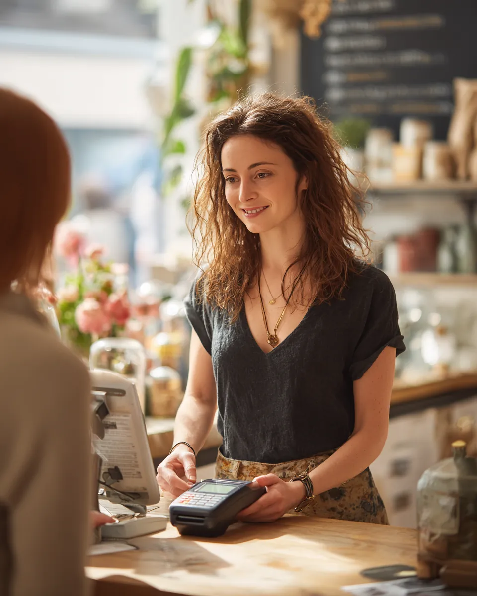 Woman in her 40s tapping her card on a boutique card reader while weighing stax payments loan options