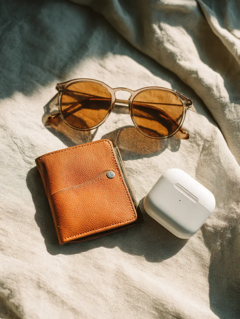 Flat lay of a leather wallet, sunglasses and an earbuds case on a light surface