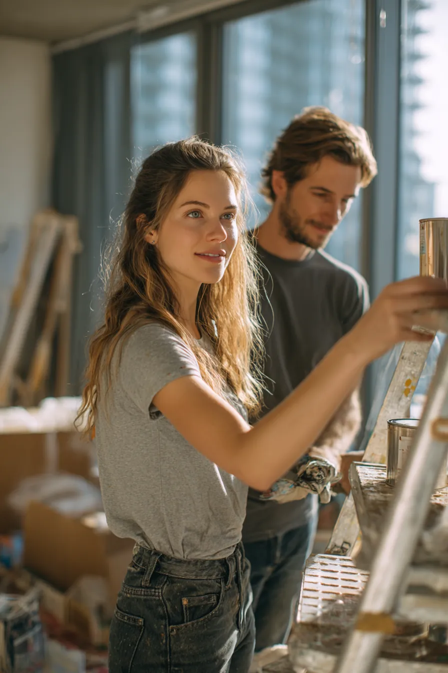 Couple in their thirties assembling a white bookshelf together in their new apartment