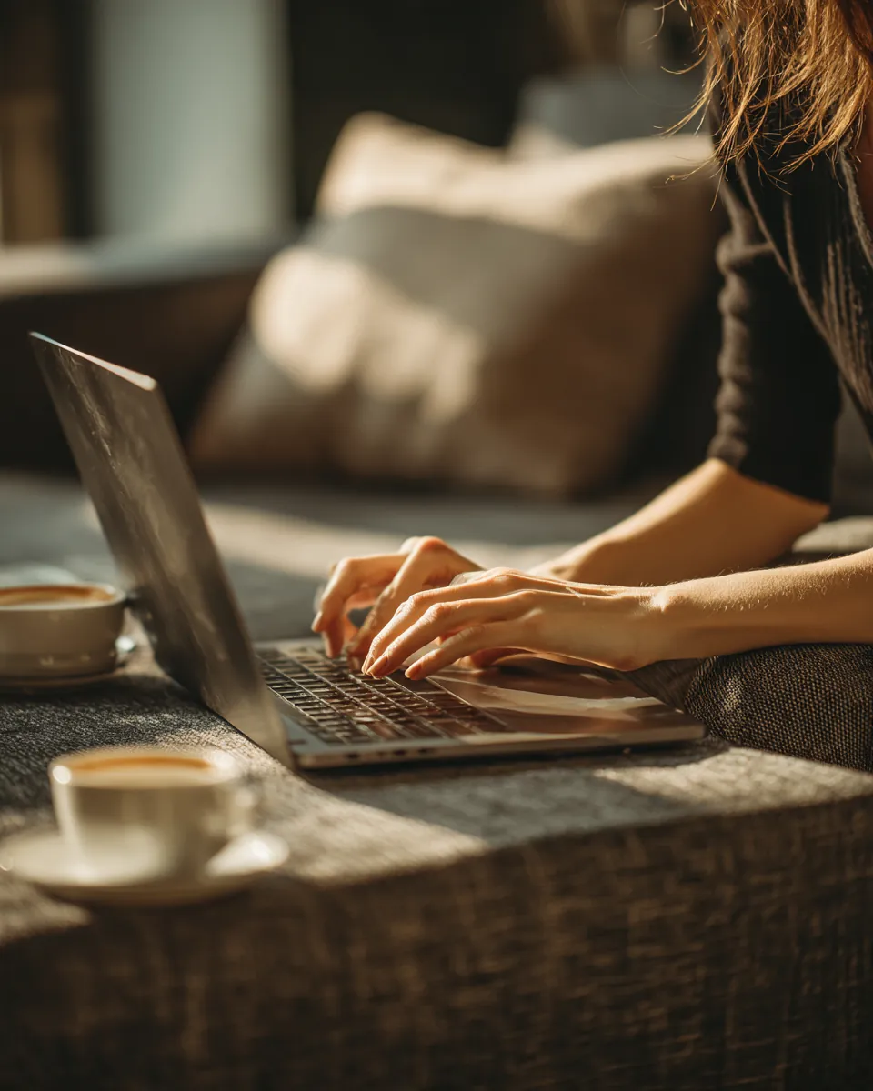 Hands closing a slim laptop lid on a living room table