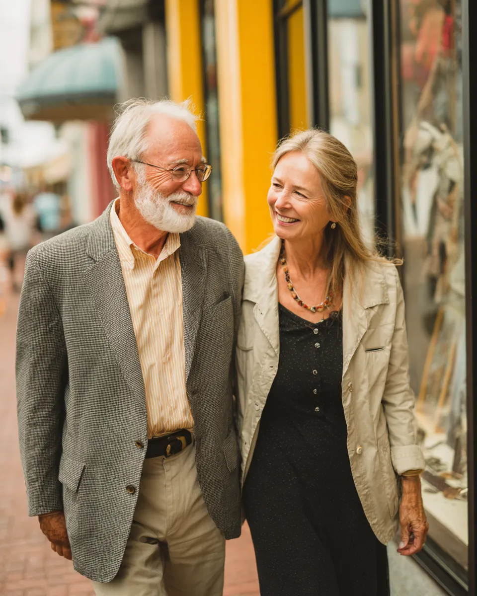 Couple in their 60s strolling arm in arm past bright storefronts, sharing stax payments reviews of their loan request experience