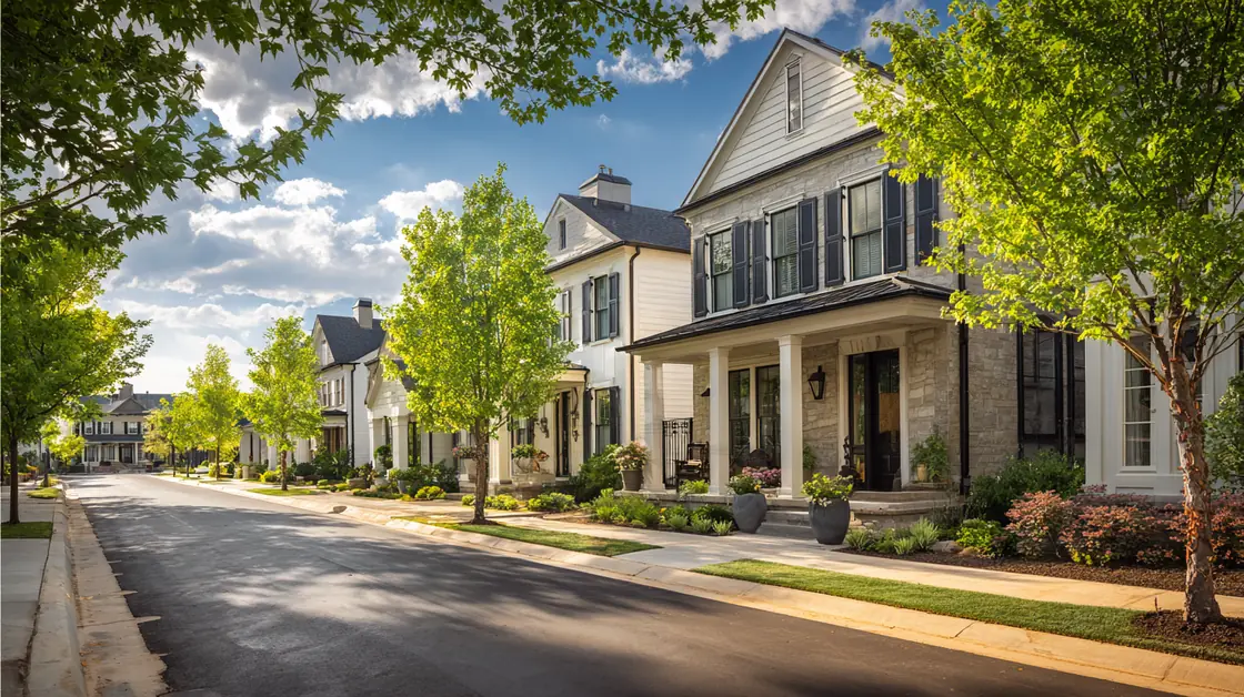 Neighbors waving across a tree-lined suburban street with modern homes