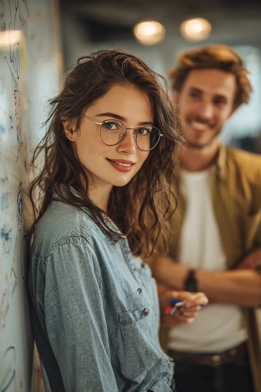 Coworkers in their 20s smiling together in a bright, modern office